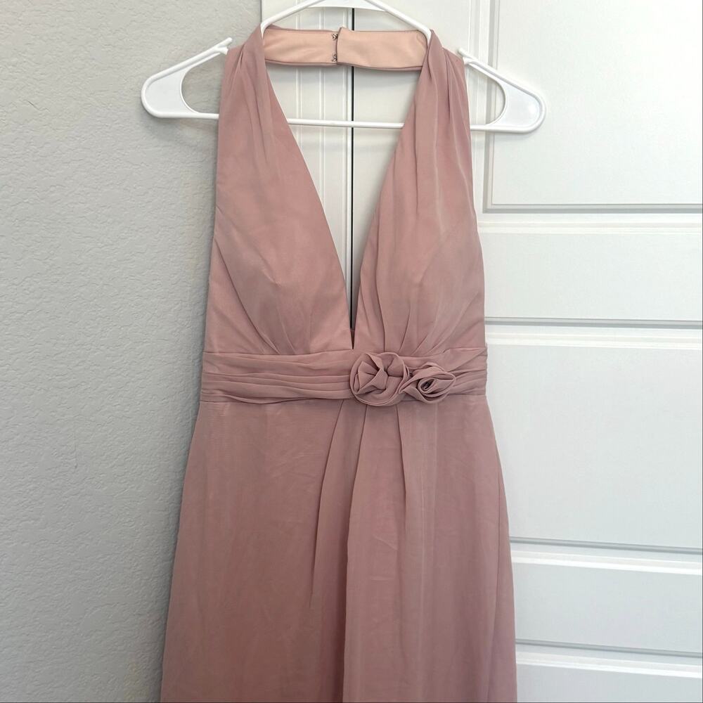 Dusty Rose Pink Maxi Formal Dress V Neck Halter Neck Ruffle Floral Detail
